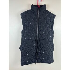 Carbon38 Womens Quilted Rhinestone Puffer Vest Black Full Zip Drawstring Small